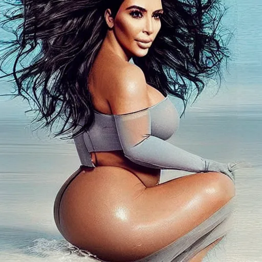 Prompt: kim kardashian as a drop shaped fish with cyborg legs