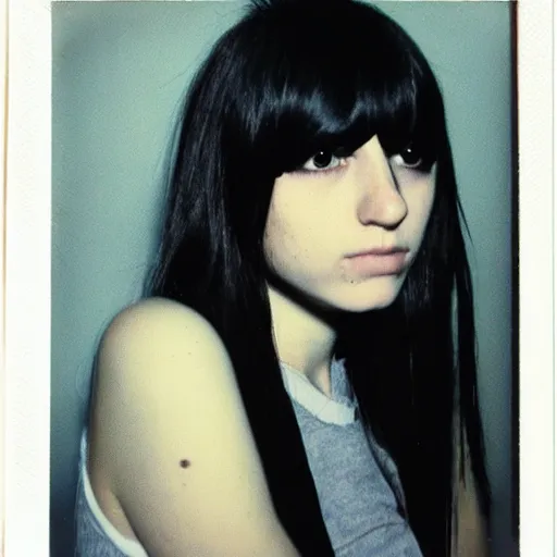 Prompt: polaroid photograph of emo girl, long hair and bangs