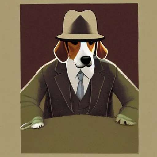 Prompt: a beagle wearing a business suit and fedora, by moebius