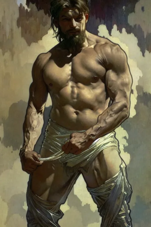 Image similar to A man wearing silver clothes, muscular, fantasy, painting by greg rutkowski and alphonse mucha