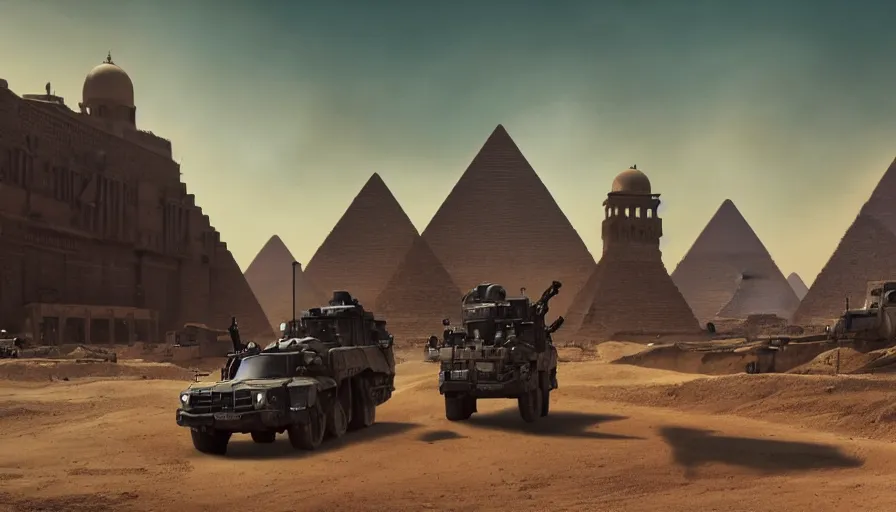 Image similar to a militarized police vehicle with mounted weapons riding through an orwellian egyptian town, ornate pyramids in the background, furious action scene, an epic fantasy, dramatic lighting, cinematic, establishing shot, extremely high detail, photorealistic, cinematic lighting, artstation, octane render, by simon stalenhag, horizon forbidden west