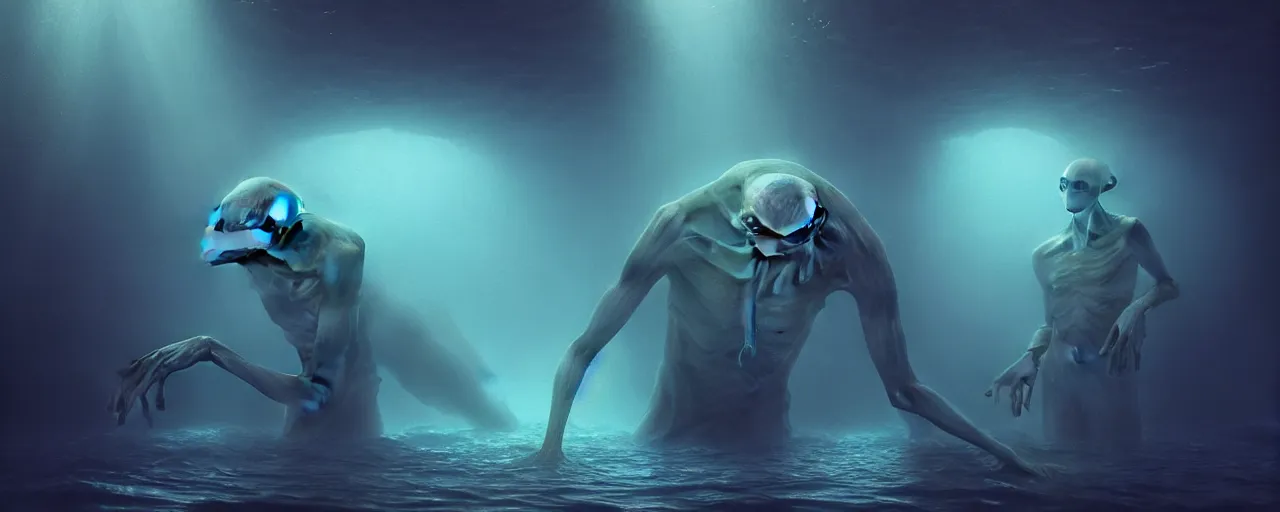 Prompt: ultra realistic horror photo of a dimly lit male alien creature underwater, very intricate details, focus, full frame image, model pose, artwork by tooth wu and wlop and beeple and greg rutkowski, award winning