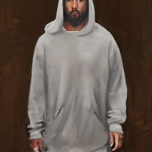 Image similar to a full body portrait of modern day jesus wearing yeezus streetwear hoodie and pants by nicola samori, oil painting, realistic, 8 k, kanye style