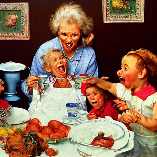 Prompt: hyper realistic hight detailed grandmother with a big mouth eating babies andivan shishkin on the table in the russian kitchen, by norman rockwell, bright colors, 4 k, 1 6 k, 3 2 k, photorealistic, cartoon style