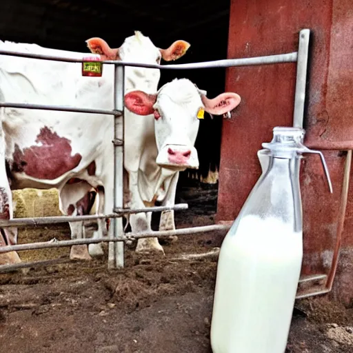 Image similar to dirty bottle of milk and a cow inside slaughterhouse