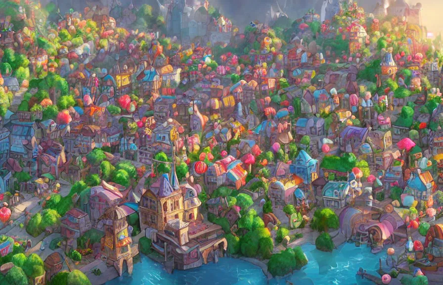 Image similar to town made of candy, artstation, ghibli studio, pixar, dreamworks, disney, epic composition, unreal engine, intricate details