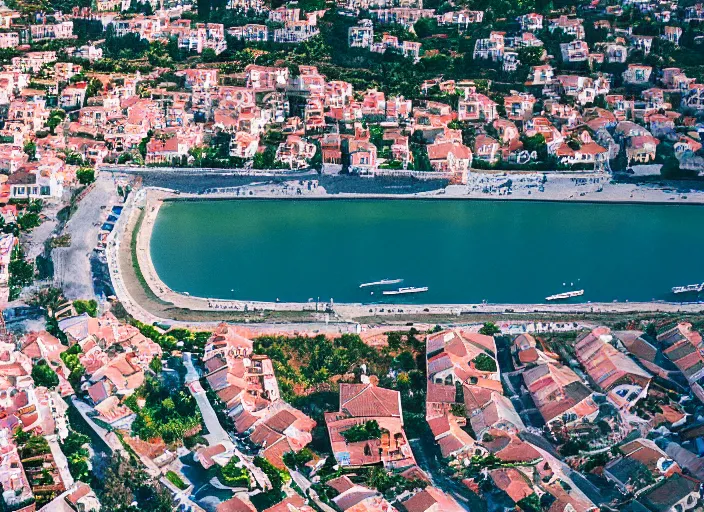 Image similar to symmetry!! a 2 8 mm macro aerial view of a beautiful seaside town in greece, photography, film, film grain, canon 5 0 mm, cinematic lighting