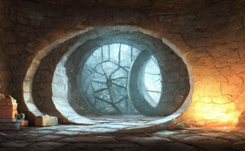 Image similar to a hole in the wall leads to an alternate dimension. painting, fantasy, soft lighting, 8 k, sharp focus, global illumination, paid artwork, portfolio, detailed and intricate environment