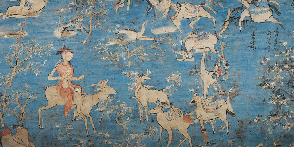 Image similar to beautiful dunhuang murals, blue, white deer