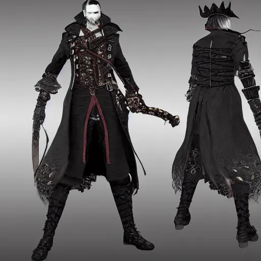 Image similar to Full body profile of Male Victorian Gothic Pirate Genshin Impact character, hd, intricate, bloodborne, 8k, digital art