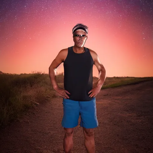 Image similar to a beautiful portrait of a bloke wearing geordi's visor from star trek and a tank top, on a hot australian day, high quality, photography, volumetric lighting, 8 k