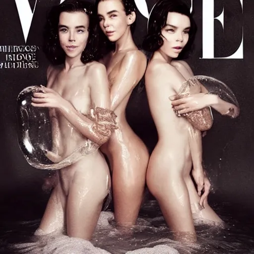 Image similar to stunning vogue magazine photo of dark - haired goddesses vanessa kirby, hailee steinfeld, and bjork smiling, legs intertwined, in a bubble bath, with wet faces!!, wet lips, smooth skin, perfect eyes, insanely detailed, elegant, by wlop, rutkowski, livia prima, mucha, wlop,