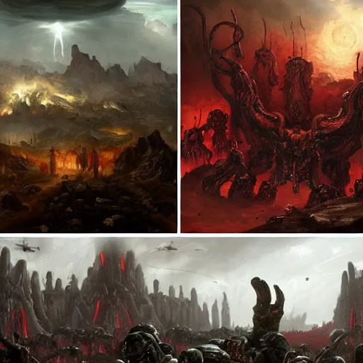 Prompt: doom eternal concept art by brueghel, mcu movie still frame of hell scene by jakub rozalski, garden of eternal delights hell by hieronymus bosh