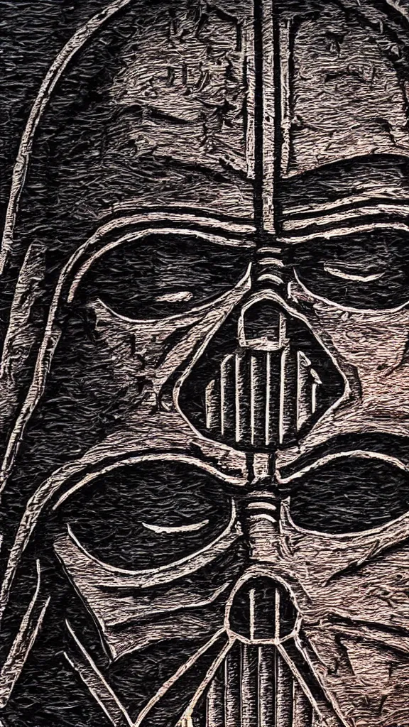 Image similar to a portrait of darth vader burned into a slice of a log. in the style of a wood burned etching. color harmony, 8 k detail, gallery quality, hd wallpaper, premium prints available, hyper - detailed, intricate design.