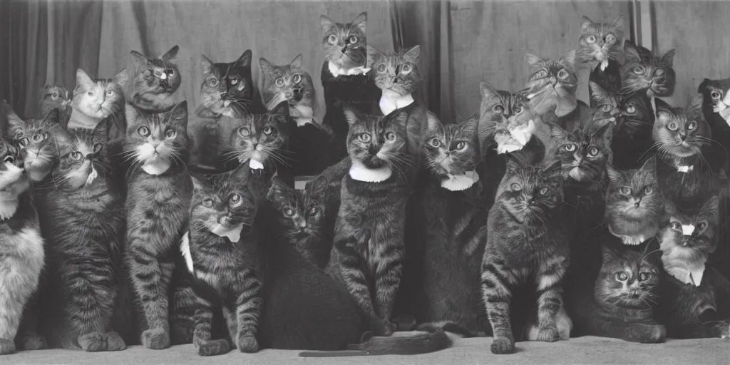 Image similar to an old black and white vintage film photo from 1890, award winning wide portrait of a very serious cats working in Tec support