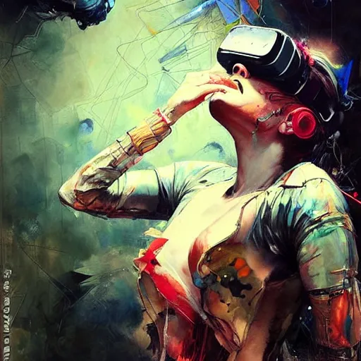 Image similar to grinning woman in a vr headset wearing leather outfit, dynamic energic pose, cyberpunk in the style of adrian ghenie, esao andrews, jenny saville, surrealism, dark art by james jean, takato yamamoto