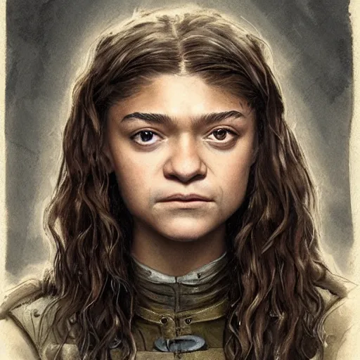 Image similar to portrait of zendaya as arya stark, by jean - baptiste monge