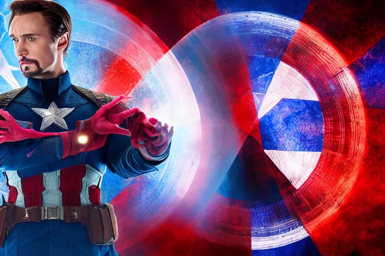 Image similar to photograph of captain america performing magic like doctor strange, photography, dramatic