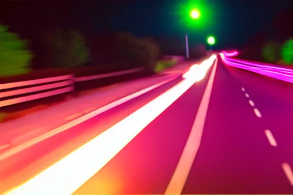 Image similar to dash cam footage at night of a car glowing neon pink