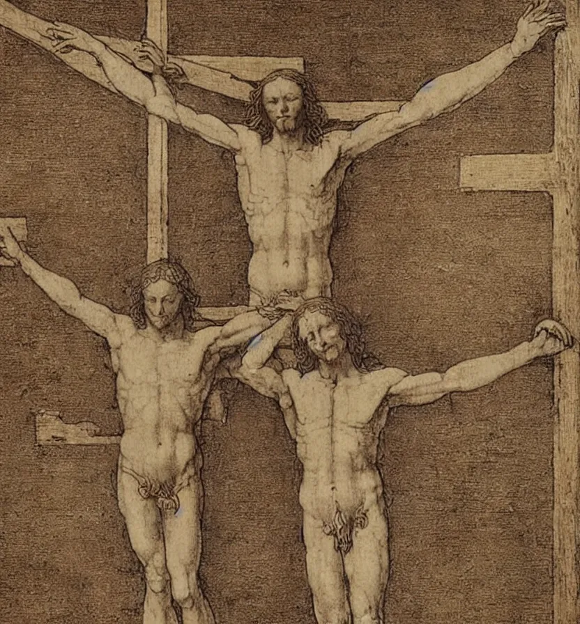 Image similar to Leonardo da Vinci\'s Vitruvian Man crucified on a cross