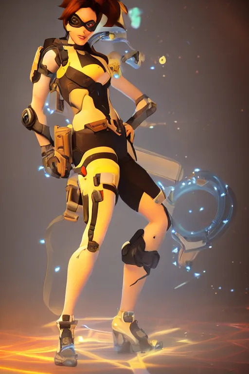 Image similar to tracer from overwatch doing a pin up pose, dark room, cinematic, volumetric lighting, hyperdetailed photograph