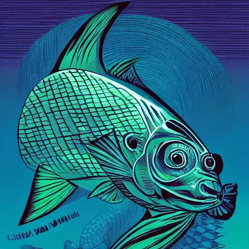 Image similar to one stylized fish, viewed in profile, dark ocean, complex patterns, artstation, intricate, realistic, highly detailed, digital painting, concept art, sharp focus, illustration by tom whalen and charles williams and kilian eng and james jean