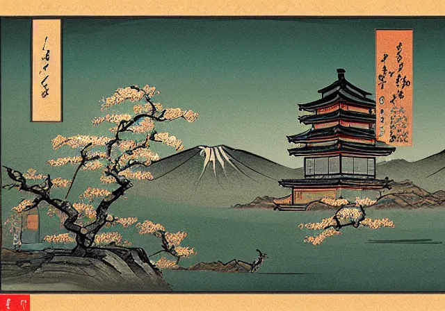 Image similar to ancient Japanese beautiful landscape mode concept art high realism