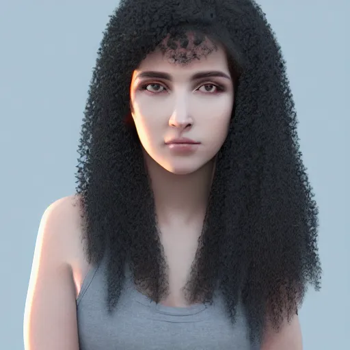 Image similar to portrait of a young lady with curly black hair with, round face, big brown eyes, picture, hyperrealistic, focused, hyper realistic, ultra detailed, volumetric lighting, 8 k post