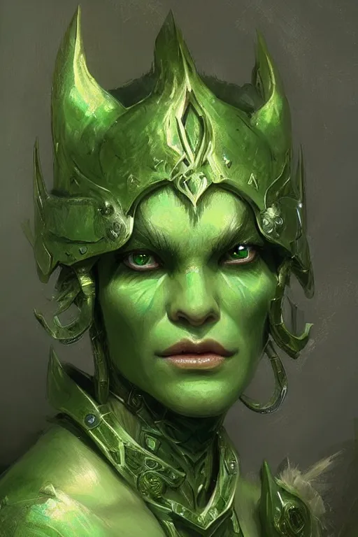 Prompt: green human faced orc female, light green tone beautiful face, plated armor intricate, elegant, highly detailed by artgerm, trending on artstation by greg rutkowski, by jeremy mann, digital painting