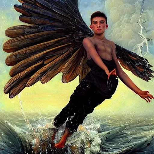 Prompt: beautiful painting by karol bak of a fourteen year old boy with and enormous mechanical wing strapped to his back, standing on the back of a boat in a storm, his arms spread, face looking skyward, wearing nothing, ready to fly, icarus, winged boy, young teen, rain, clouds, waves, splash,