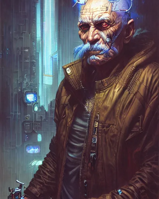 Image similar to a detailed portrait of cyberpunk old man by Greg Staples and Peter Mohrbacher