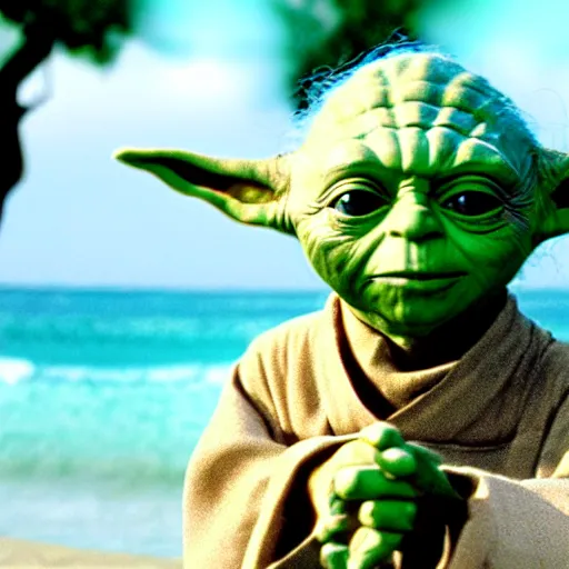 Prompt: film still of yoda on a beach movie 4 k