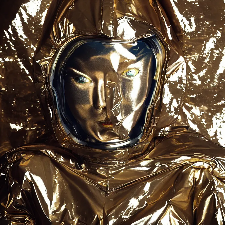 Image similar to octane render portrait by wayne barlow and carlo crivelli and glenn fabry, subject is a woman covered in folded aluminum foil space suit with a colorful metallic space helmet, floating inside a futuristic black and gold space station, cinema 4 d, ray traced lighting, very short depth of field, bokeh