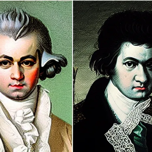 Prompt: mozart and beethoven in a rap band