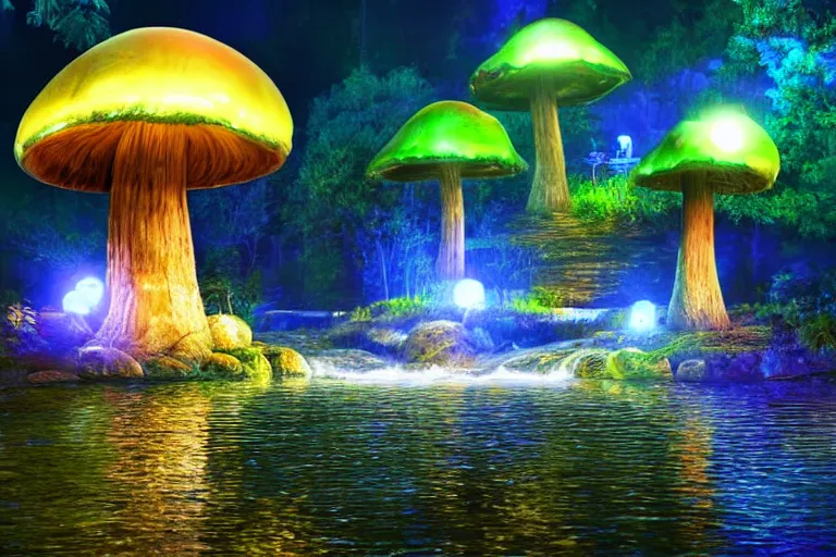 Image similar to giant glowing mushrooms next to a small bridge, flowing water, digital art, glowing crystal monolith in background, blue lighting, acrylic,