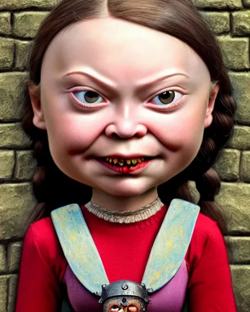 Image similar to highly detailed closeup, face profile portrait of a tin toy greta thunberg as a medieval goblin eating cakes in a castle, hyper realistic, artstation, illustration, nicoletta ceccoli, mark ryden, lostfish, dan decarlo, bob clampett, max fleischer, digital paint, matte paint, vivid colors, detailed and intricate environment