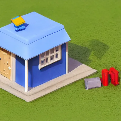 Image similar to small cute mobile game house, 1 0 0 mm, isometric, diorama, blue background,