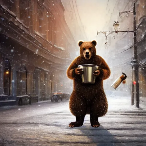 Prompt: smiling brown bear holding vodka and holding balalaika in hat in winter at streets of Moscow, sharp focus, fantasy style, octane render, volumetric lighting, 8k high definition, by greg rutkowski, highly detailed, trending on art Station