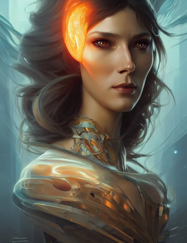 Image similar to futuristic woman portrait, sci-fi, amber eyes, face, long hair, fantasy, intricate, elegant, highly detailed, digital painting, artstation, concept art, smooth, sharp focus, illustration, art by artgerm and greg rutkowski and alphonse mucha