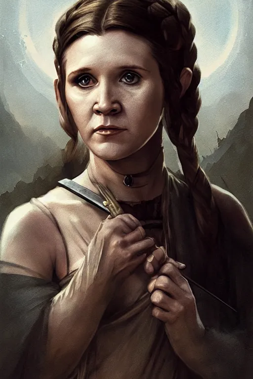 Image similar to young carrie fisher, battle warrior, lord of the rings, tattoos, decorative ornaments, by carl spitzweg, ismail inceoglu, vdragan bibin, hans thoma, greg rutkowski, alexandros pyromallis, perfect face, fine details, realistic shading, photorealism