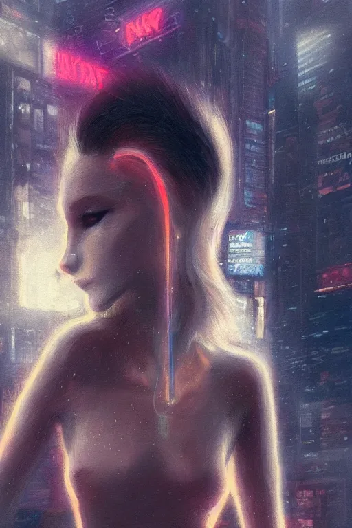 Image similar to beautiful portrait of a tall white female anthro fox smoking a cigarette towering head and shoulders above the bustling crowd of a rainy city street around her, sci fi bodysuit, cyberpunk, harsh neon lights, highly detailed, sharp focus, digital painting, illustration, trending on artstation, art by sakimichan, wlop, greg rutkowski