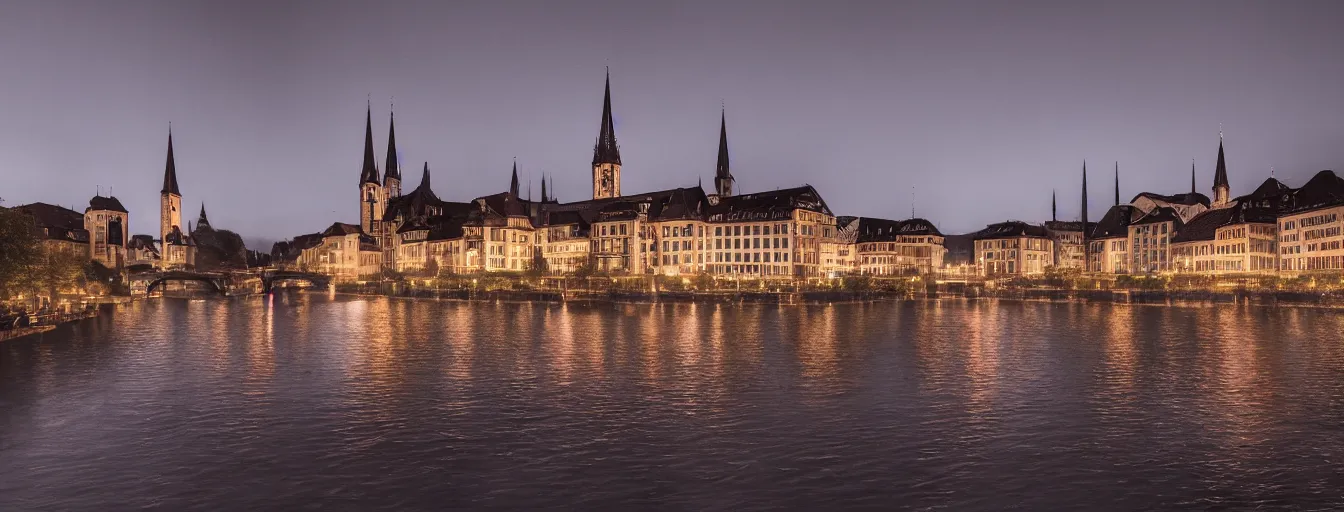 Prompt: Digital painting of Neo-Gothic Zurich, Limmat and the lake at night, wide angle, volumetric light, hyperdetailed, Alsp in the background, artstation, cgsociety, 8k