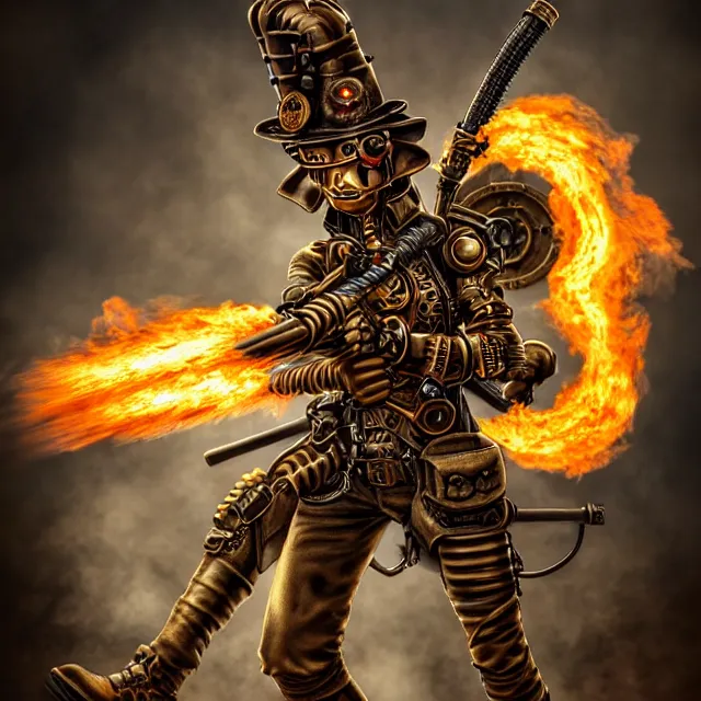 Image similar to steampunk warrior with a flamethrower, highly detailed, 4 k, hdr, smooth, sharp focus, high resolution, award - winning photo, anne stokes, photorealistic