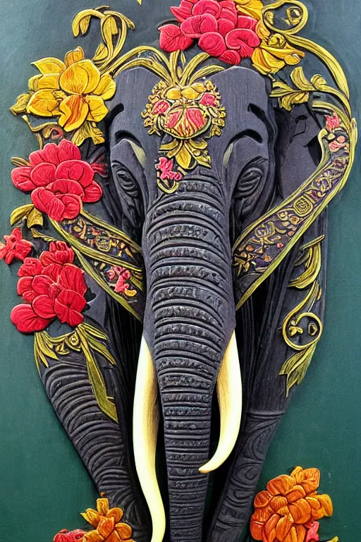 Image similar to Painted dark-wood panel relief carving of a close up of a Flowerpunk Matriarch Elephant, ornate border frame, explosion of colorful flowers, dark wood, intricately carved, black ink, festival of rich colors, intricate details, cinematic lighting, volumetric lighting, post-processing, art nouveau, by andreas rocha and john howe, and Martin Johnson Heade, featured on artstation, featured on behance, golden ratio, hyper detailed, photorealistic, epic composition, center spotlight, f32, well composed, UE5, 8k