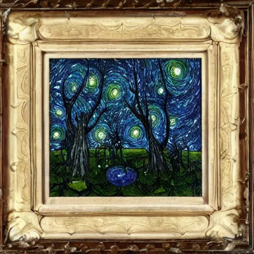 Prompt: a serene forest of faeries, starry night