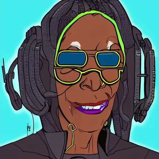 Image similar to cyberpunk robotic whoopi goldberg, sharp lines, digital, artstation, colored in