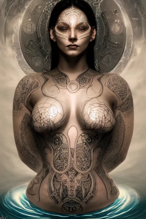 Image similar to a centered render of an alluring futuristic goddess with tribal tattoos surrounded by a underwater ink pour and flowing liquid gallium and sacred geometry, perfect body and face, powerful, cinematic, beautifully lit, by artgerm, by karol bak, 3 d, trending on artstation, octane render, 8 k