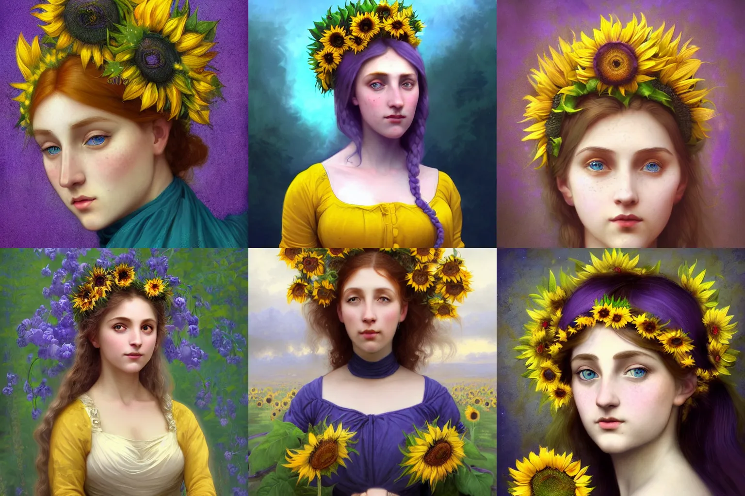 Prompt: a beautiful stunning fantasy whimsical matte digital portrait illustration of a blue-eyed woman with freckles and violet hair wearing a yellow sunflower crown, in the style of William Adolphe-Bouguereau and Marc Simonetti, magic the gathering, trending on artstation, contest winner