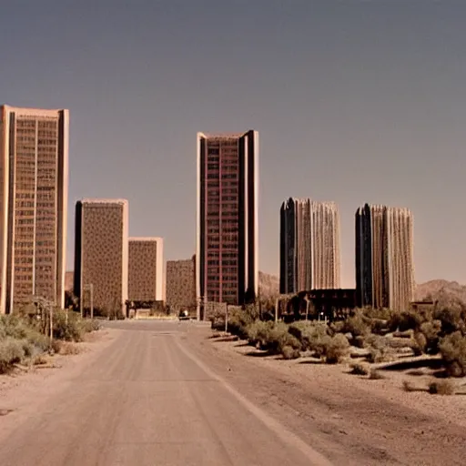 Prompt: 1 9 7 0 s movie still of a empty mammoth stalinist style town with high - rise in the desert, cinestill 8 0 0 t 3 5 mm eastmancolor, heavy grain, high quality, high detailed