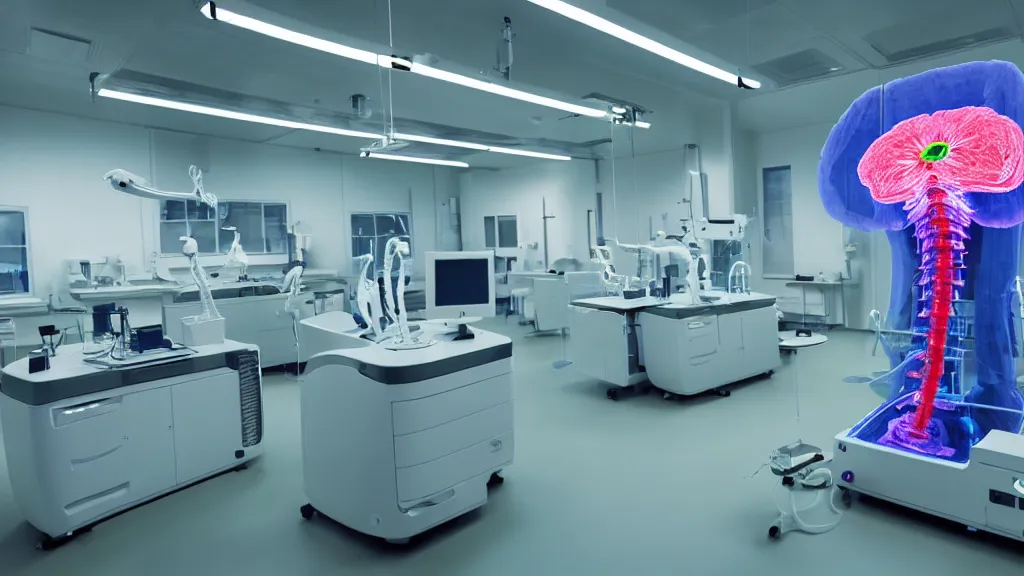 Image similar to a complex bifurcated surgical arm hybrid mri 3 d printer machine making colorful mutant forms with control panels in the laboratory inspection room, film still from the movie directed by denis villeneuve with art direction by salvador dali, wide lens